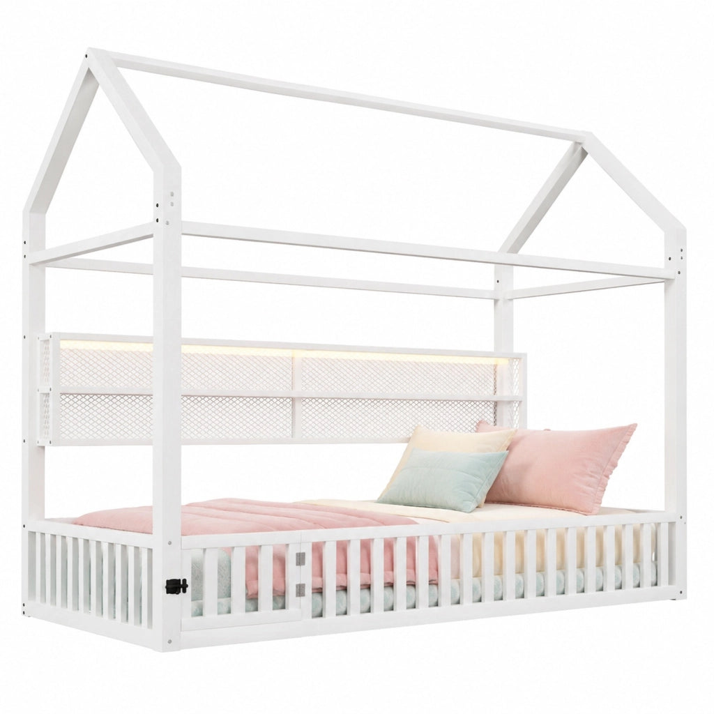 Letto singolo a piattaforma 90x200 cm a forma di casa con barriera e LED bianco