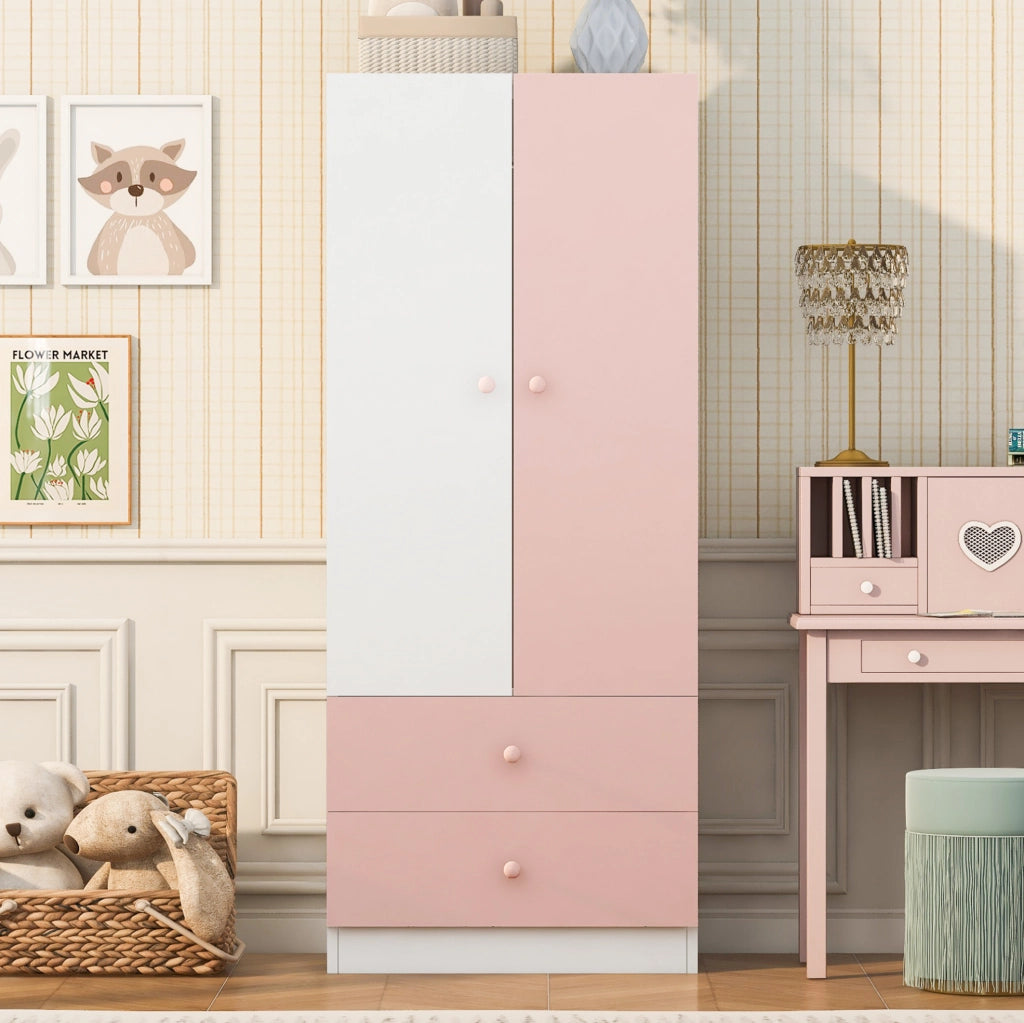 Armadio ULEVR 70x40x170 cm con appendiabiti e 2 cassetti, rosa e bianco