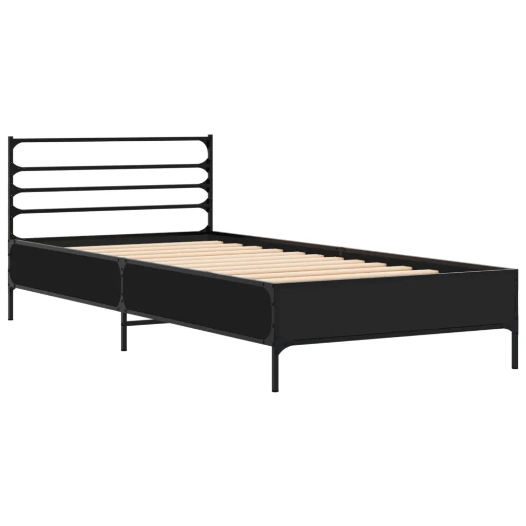 Letto singolo | Letto per adulti | Giroletto Nero 90x190 cm in Legno Multistrato e Metallo