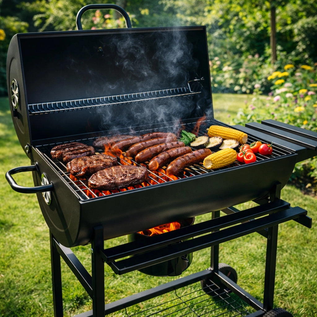 Barbecue A Carbone Con Coperchio Termometro Integrato Grill BBQ In Acciaio Con Ruote Ripiani E Ventilazione Regolabile Pinza E Guanti Ideale Per Giardino Terrazzo E Balcone 112 x 63.5 x 97 Cm Nero