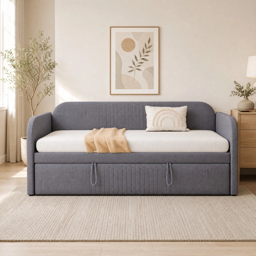 Letto imbottito estraibile 90x190/180x190 cm grigio con rete a doghe, in tessuto effetto lino, senza materasso