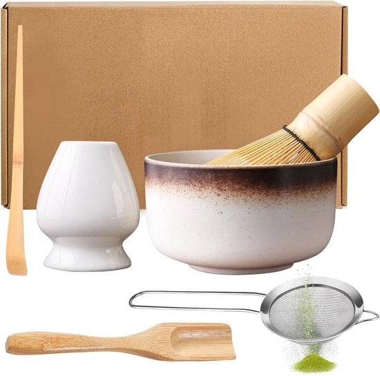 Set di Matcha per Tè - Pennello per Matcha Giapponese - Set di Pennelli per Tè Matcha - Matcha Kom - Pennello per Polvere di Tè - Supporto per Pennello di Matcha - Set di Preparazione per Tè 6-delig