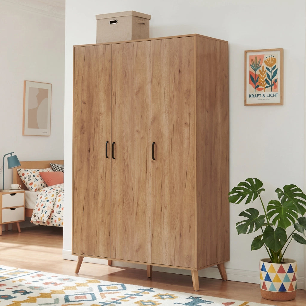 Armadio Guardaroba Norg con 3 Ante e 4 Scomparti 191x120x52 cm - Effetto Rovere [en.casa]