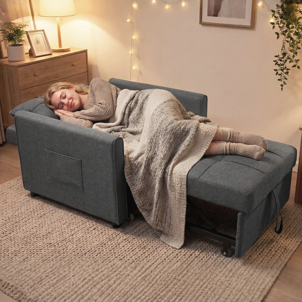 Poltrona Letto Singolo 69x82x85 cm con Schienale Reclinabile in Tessuto Effetto Lino e Legno Grigio