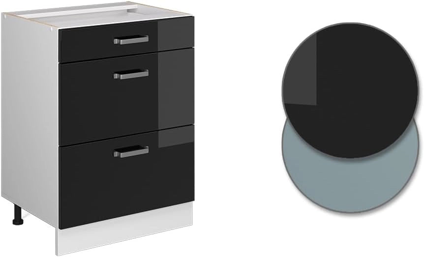 Mobiletto base per cucina R-Line, Nero lucido, 60 cm con cassetti, senza piano di lavoro, per la libera combinazione all'interno di sistemi cucina modulari