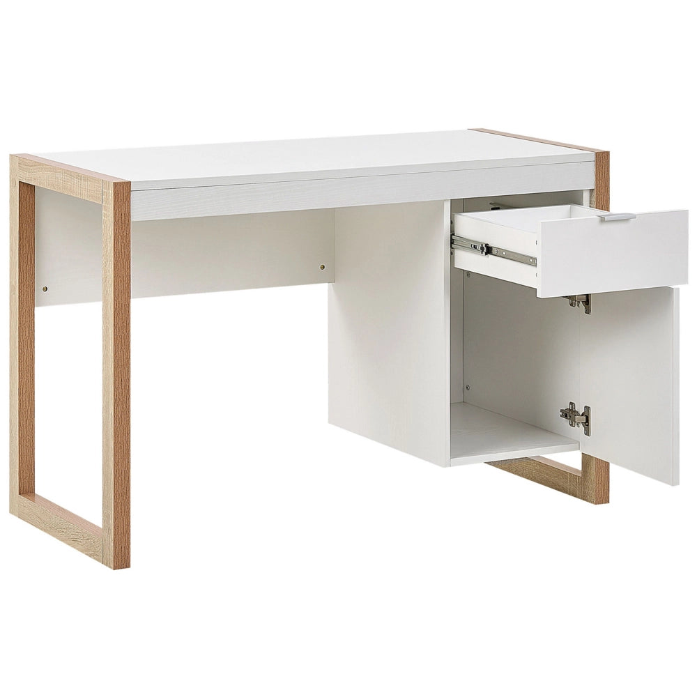 Scrivania da casa in legno bianco 110 x 50 cm cassetto portaoggetti in legno chiaro design minimalista