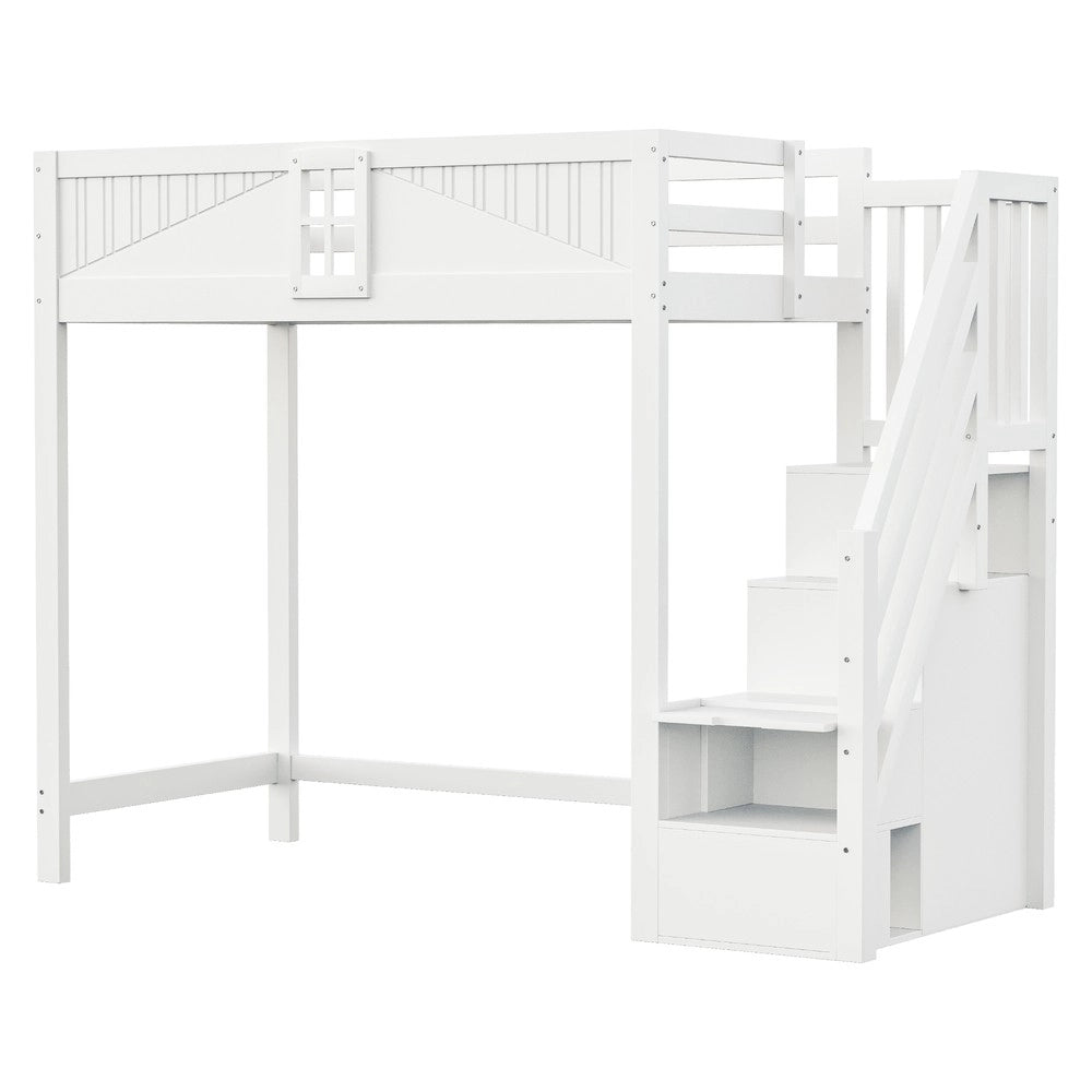 Letto a Soppalco in Legno Massello con Scaletta di Sicurezza ¨C MINIMAL ¨C 90x200 Bianco