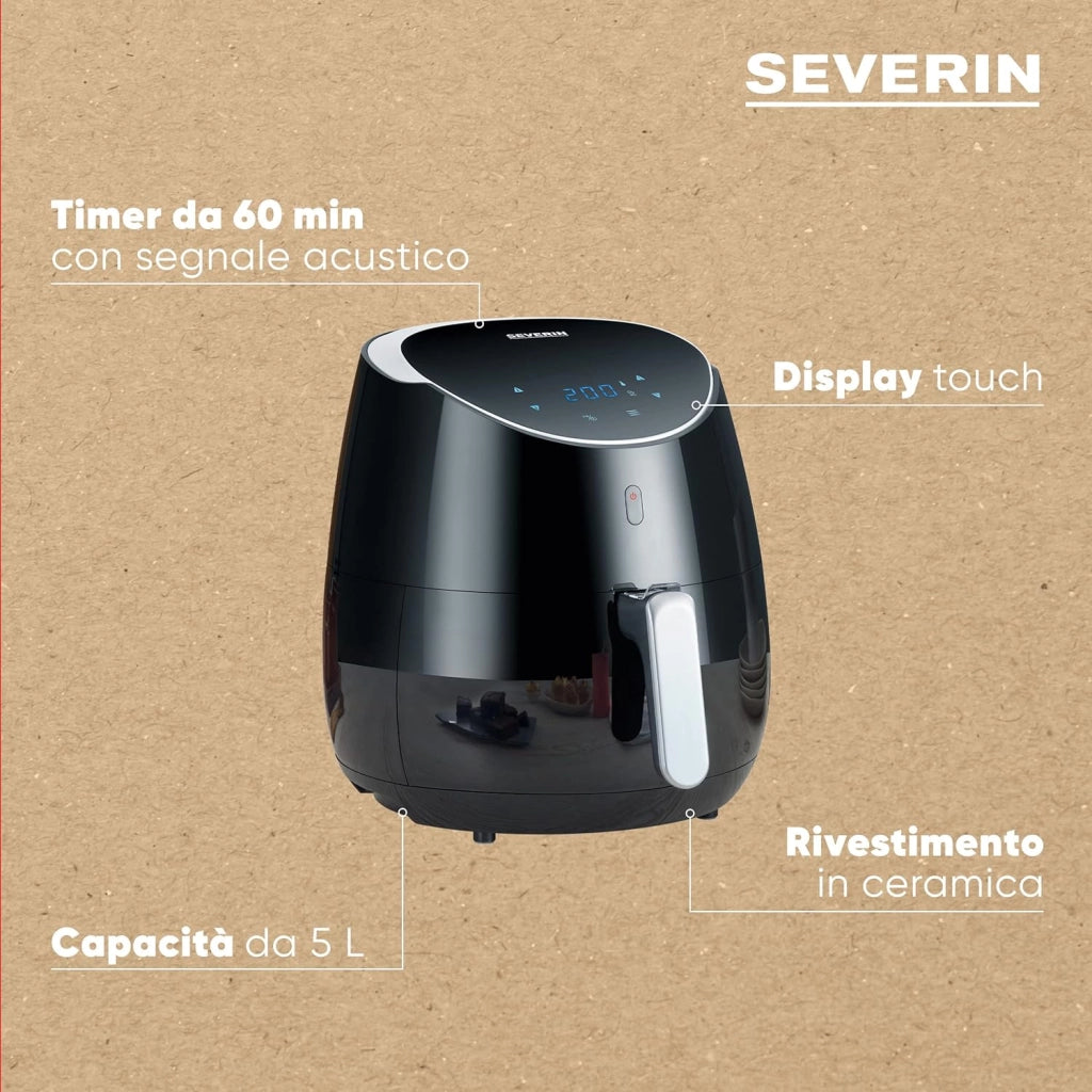 Severin fr 2445 friggitrice ad aria calda xxl 2000w da 5l, timer, regolazione temperatura, 8 programmi, friggitrice ad aria con display touch, friggitrice ad aria elettrica, nero