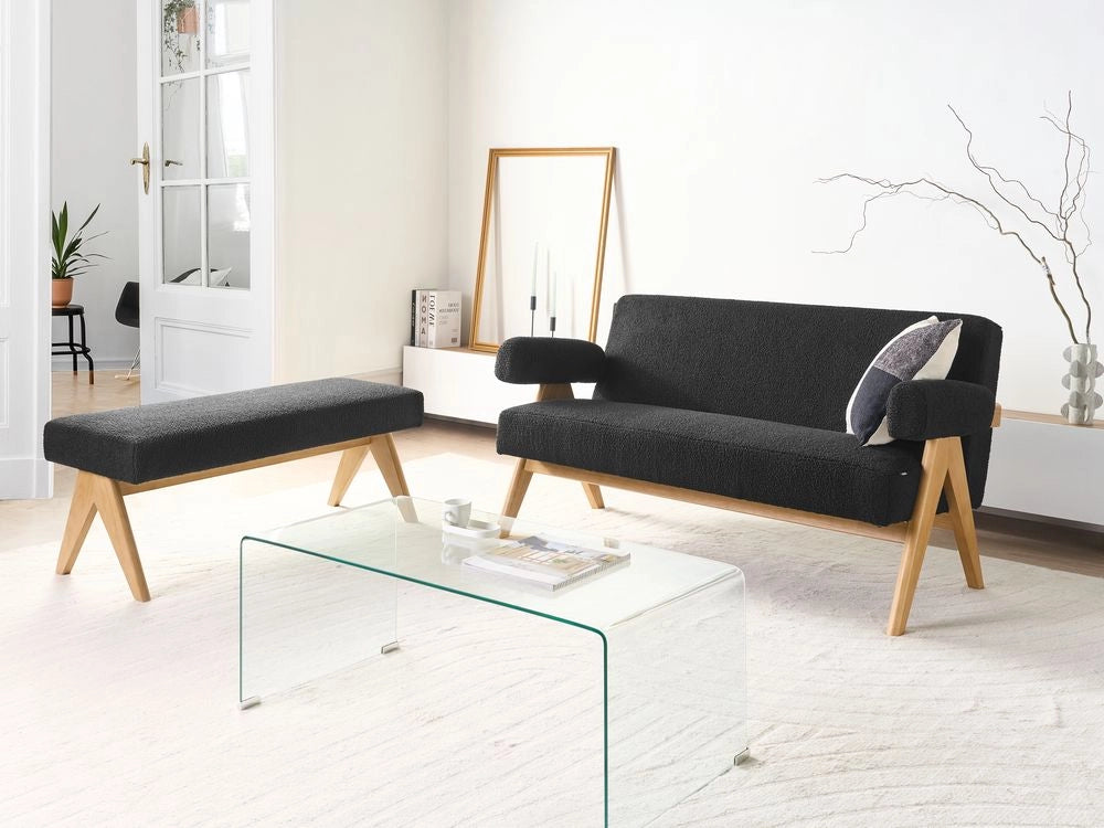Set di divani Nero e marrone chiaro Divano a 2 posti Panca Boucle Rivestimento Retro Design Gambe di legno Soggiorno