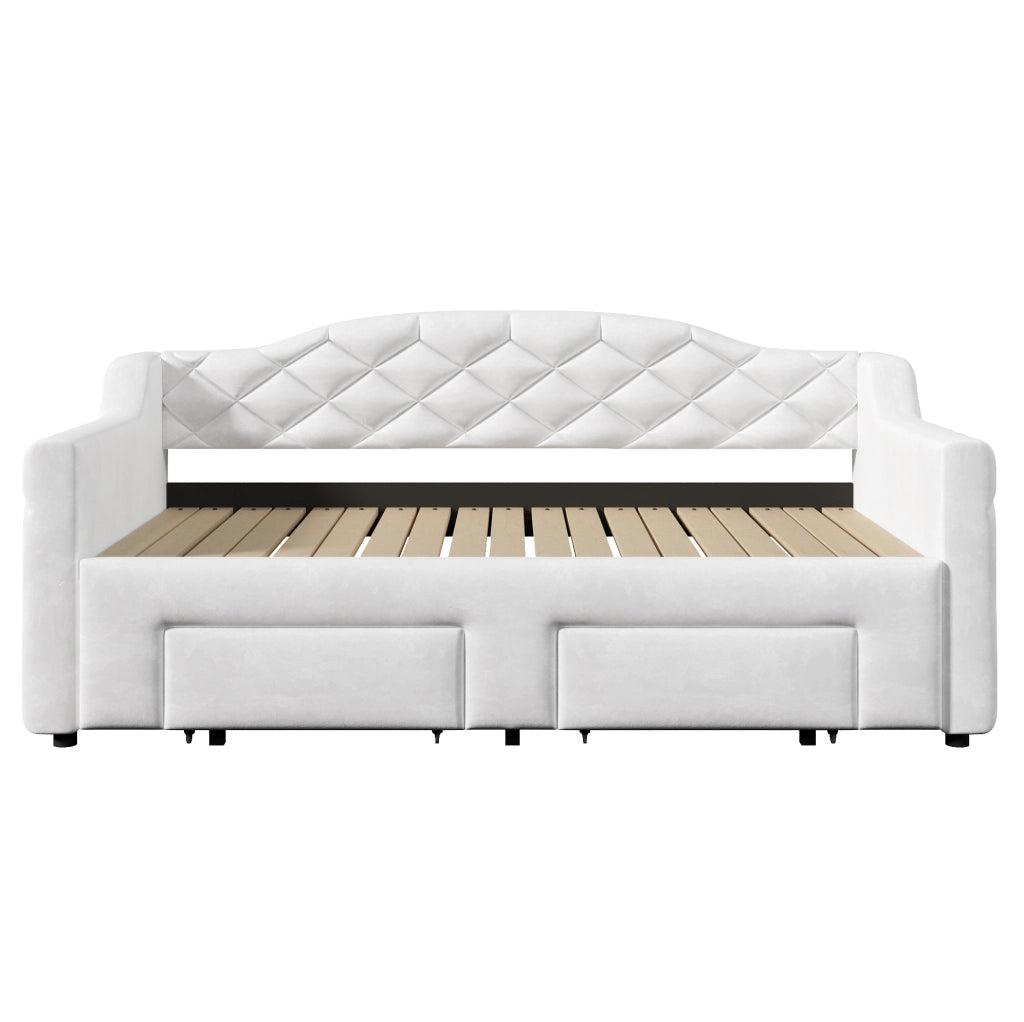 Divano letto imbottito estensibile 90x200 cm fino a 180x200 cm; con 2 cassetti e LED; bianco