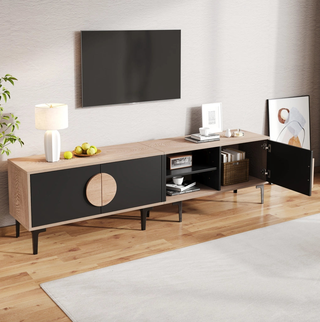 Mobile TV 180x35x49 cm con 3 ante e 2 vani aperti in truciolato naturale e nero