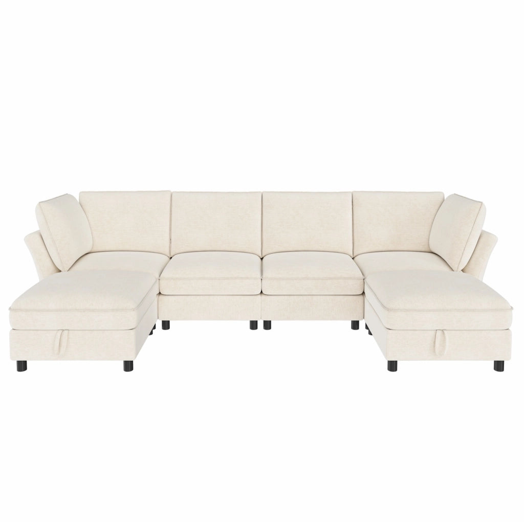 Divano modulare 6 posti U/L in ciniglia beige con 2 pouf contenitore