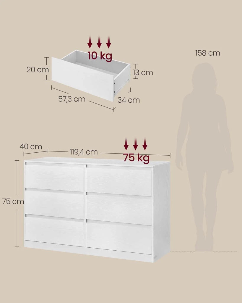 Cassettiera per camera da letto a 6 cassetti mobiletto portaoggetti appendiabiti 40 x 119,4 x 75 cm stile moderno bianco 12_0008005