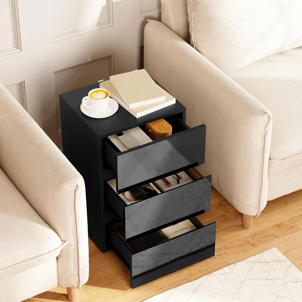 Comodino per Camera da Letto, Mobiletto Nero con 3 Cassetti, Cassettiera Piccola Salvaspazio in Legno, con Guide Metalliche, Design Moderno, 40x35x62cm, 0014CTG