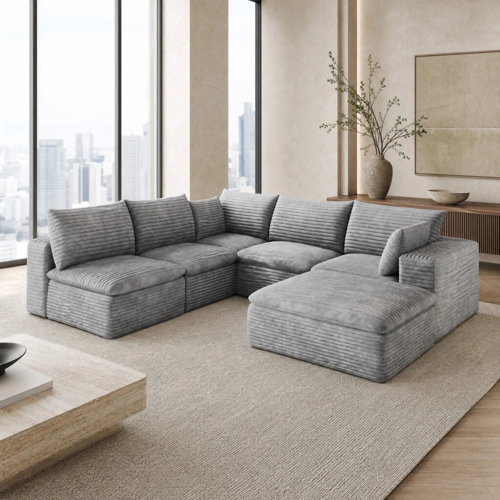Divano modulare in tessuto grigio con imbottitura in schiuma e design componibile