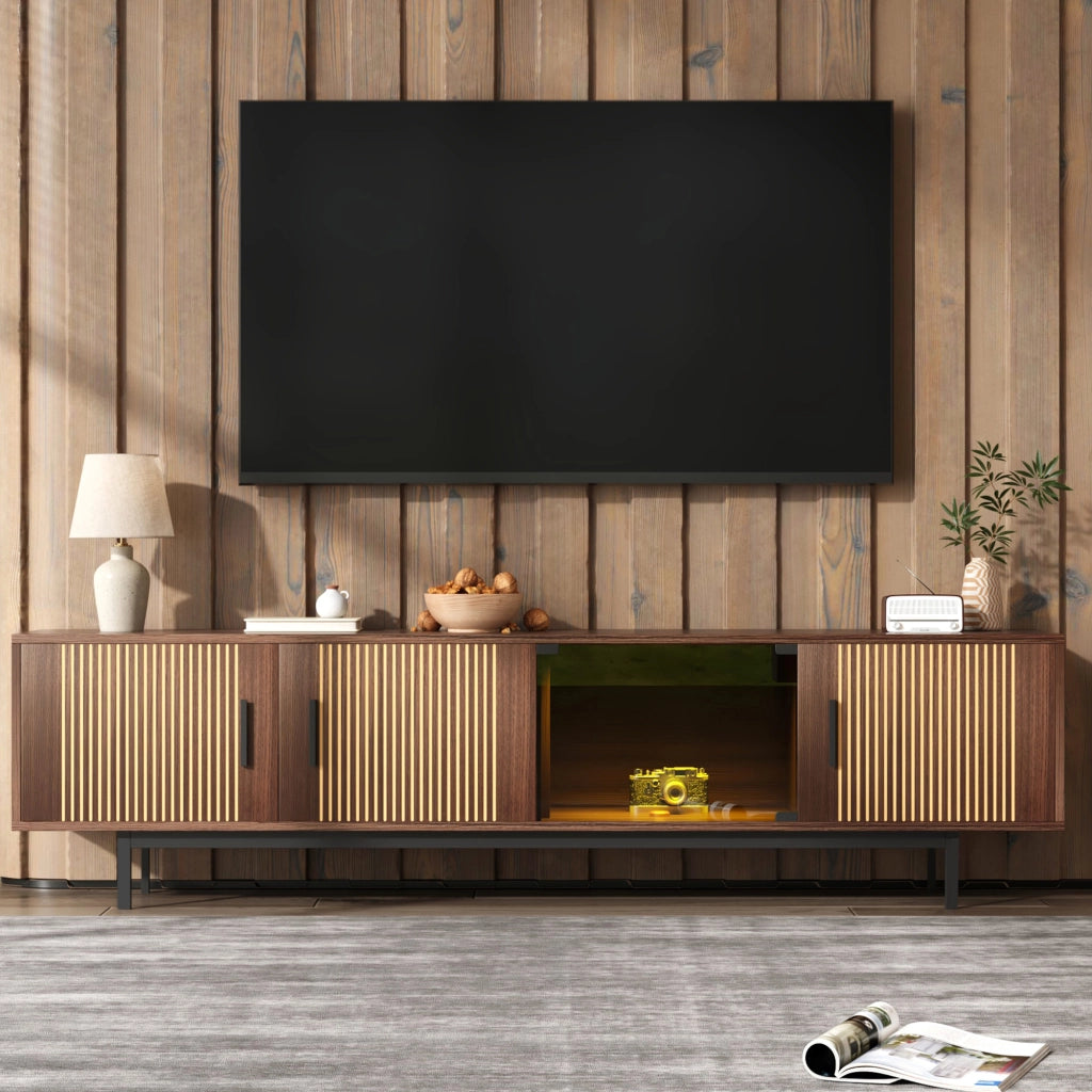 OKWISH Mobile TV con 2 Ante in Vetro Temperato e LED, Stile Moderno, MDF, Nero e Noce, 200 x 35 x 53 cm