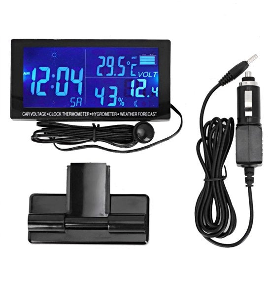 Multifunzionale orologio automobilistico termometro - Funzione allarme - Display LCD - Umidificatore - Stazione meteorologica - 12V - Utile per l'auto - Nero
