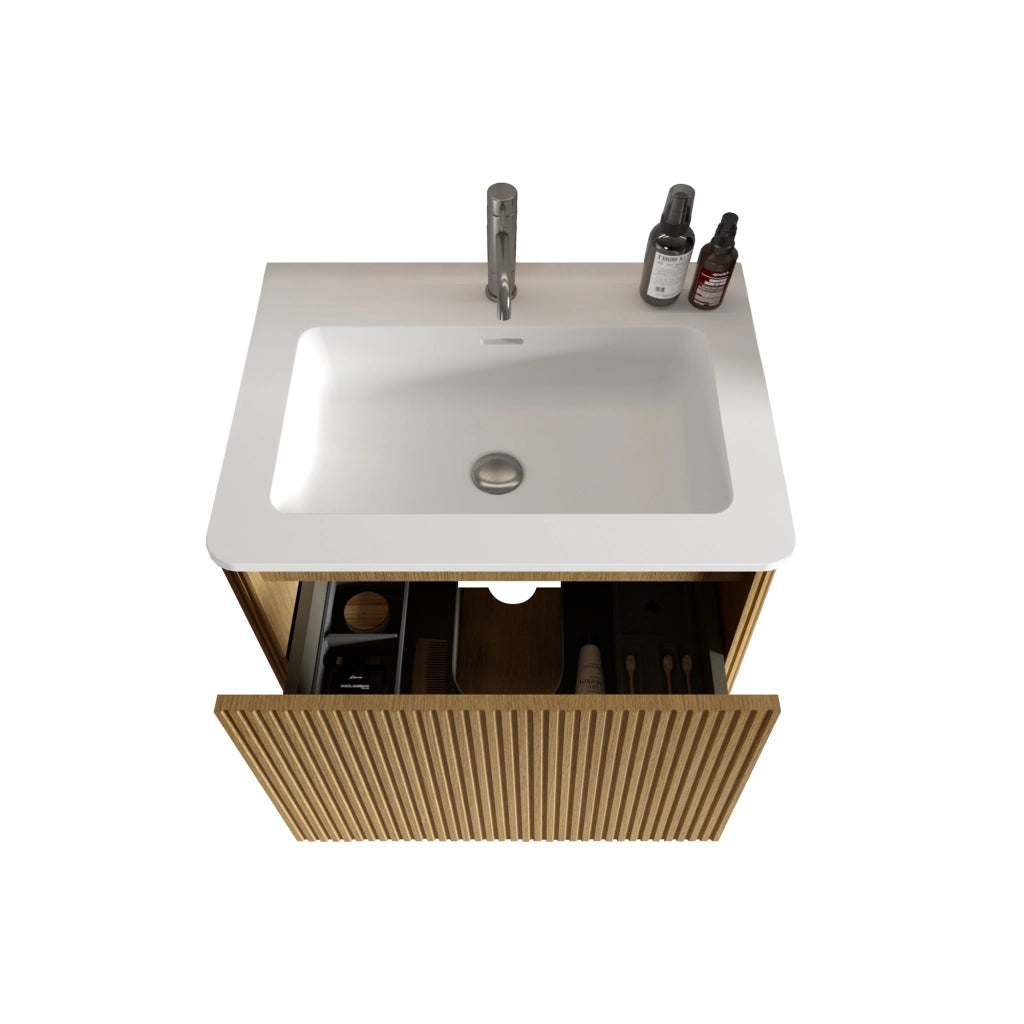 Mobile bagno sospeso con lavabo da 60 cm, design scanalato, colore rovere, montato