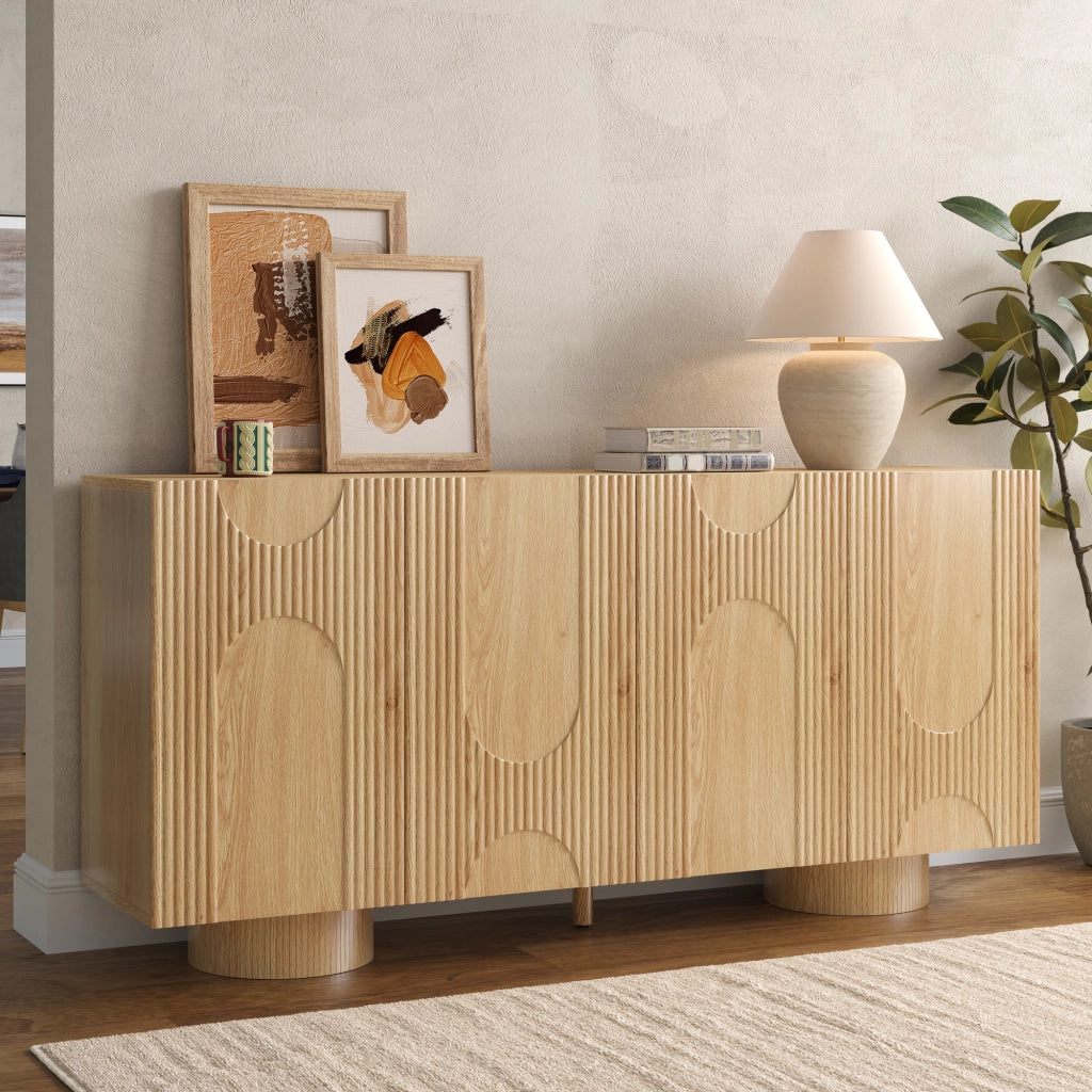 Credenza a 4 ante con ripiani regolabili per ingresso e soggiorno in MDF e bambù naturale