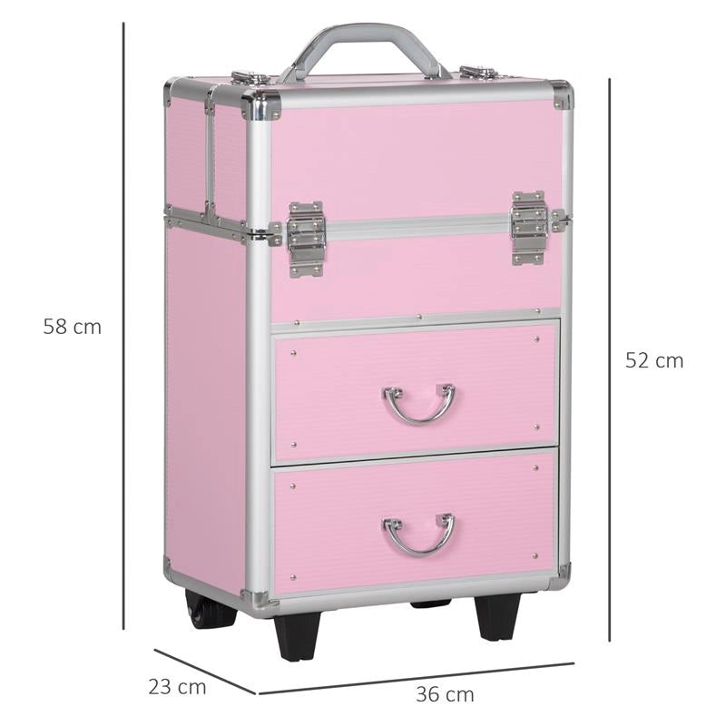 VALIGETTA PORTA TRUCCHI PROFESSIONALE, TROLLEY MAKE UP RINFORZATO CON BLOCCO A 2 CHIAVI E RUOTE, 36X23X58 CM, ROSA
