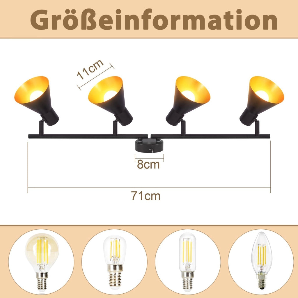 ZMH Faretto da soffitto retrò neri 4 luci E14 metallo 350° girevoli stile industriale 71 cm per soggiorno camera letto