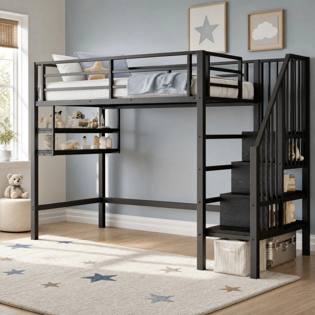 Letto a soppalco per bambini 90x200 cm nero con scaffali