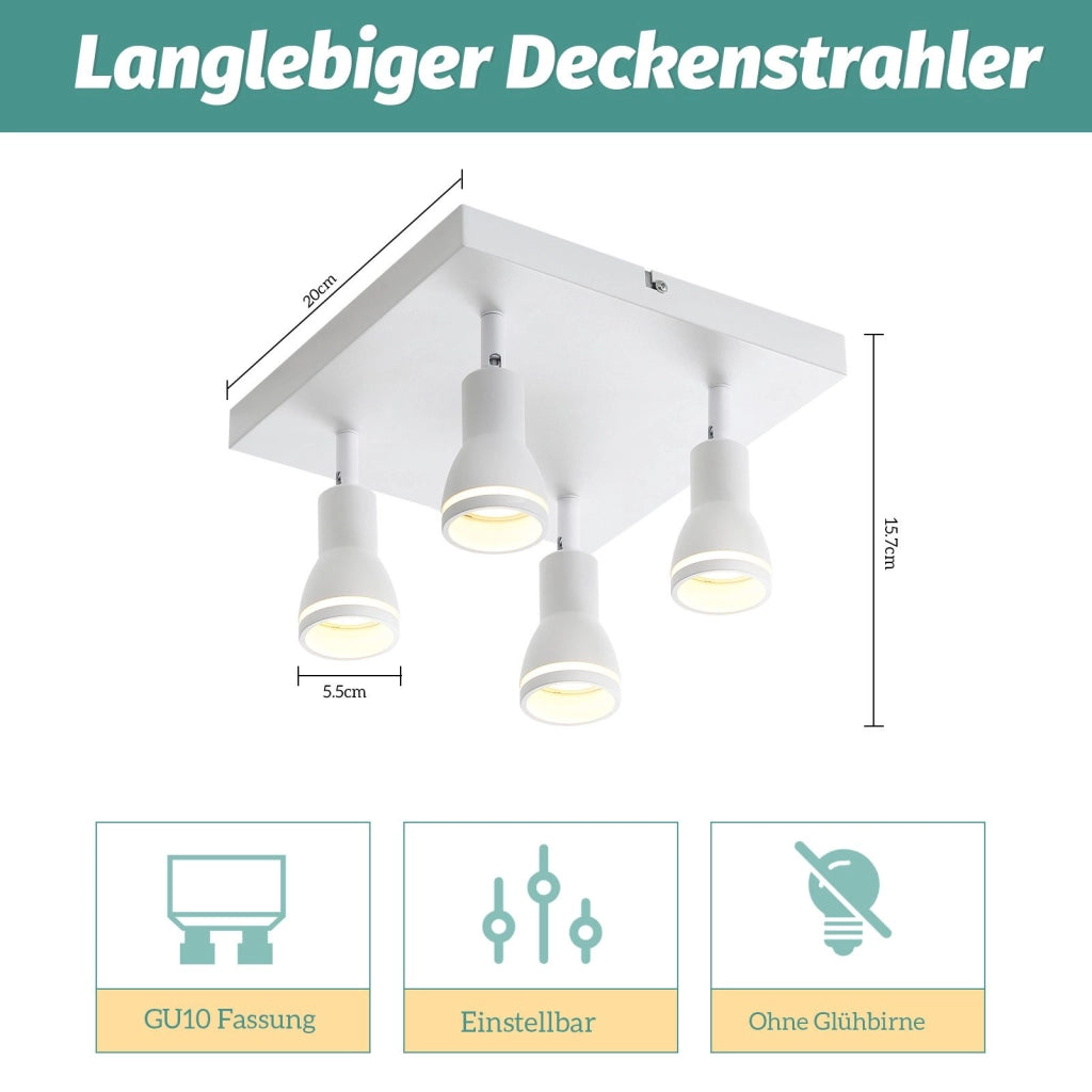 ZMH Faretto da soffitto LED bianchi 4 luci GU10 orientabili quadrati anche parete senza lampadina