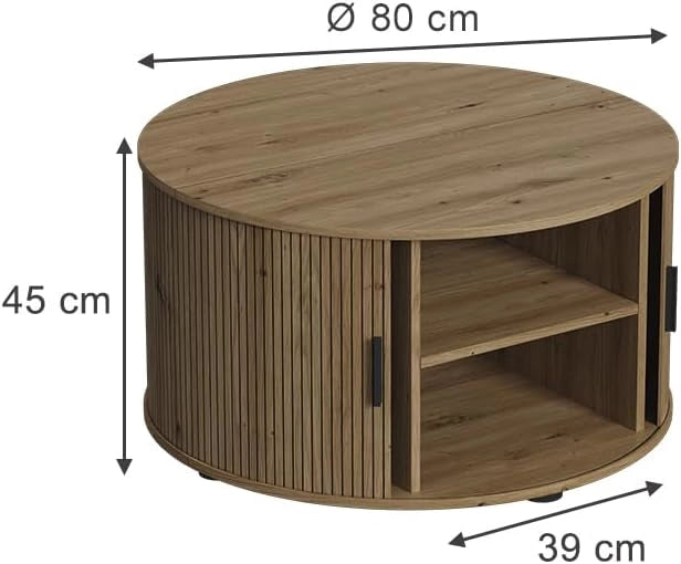 tavolino soggiorno Selva, Rovere, 80 x 80 cm con porta scorrevole, con funzione lift e piano del tavolo regolabile in altezza