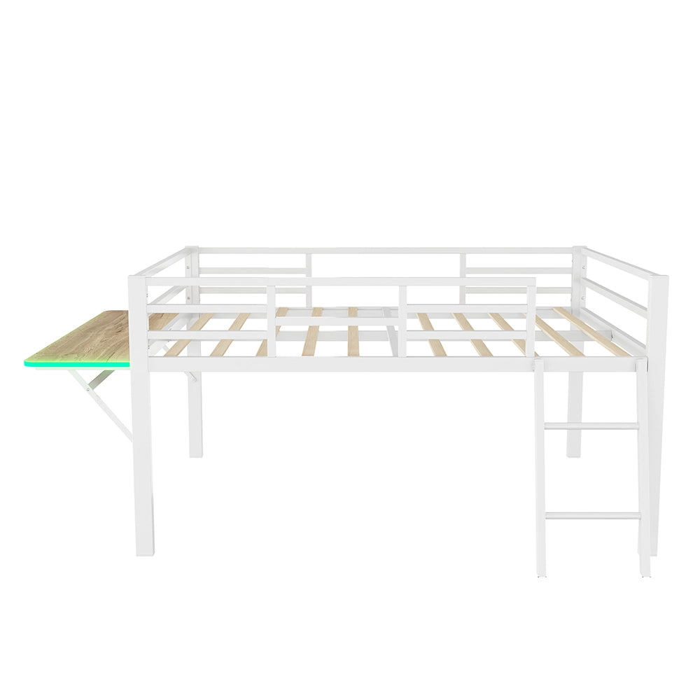 Letto a soppalco 140x200 cm - Xylo - Bianco, Struttura metallica, Scrivania integrata, Luci LED con telecomando