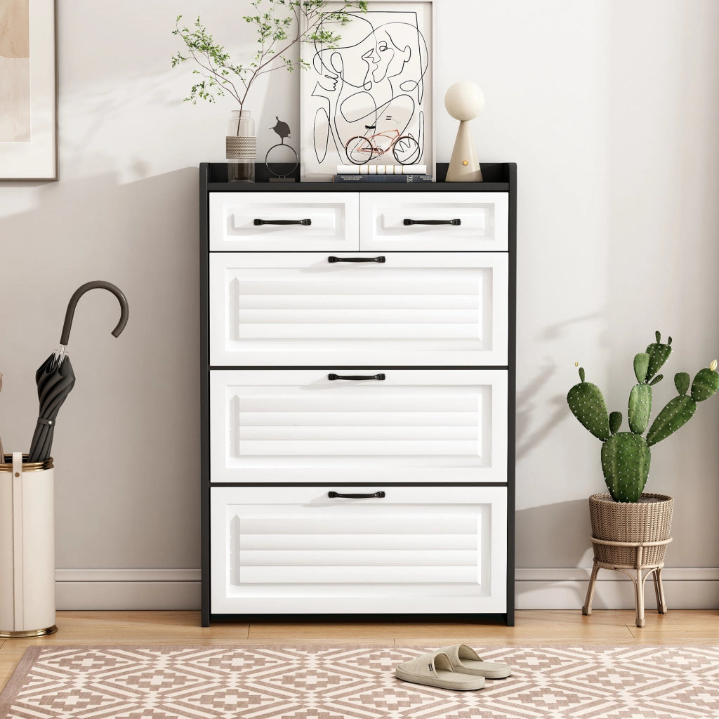 Mobile Scarpiera con 3 Ribaltine Girevoli e 2 Cassetti; Stile Moderno; in Pannelli di Truciolare; 80×23;5×131 cm; Bianco Nero