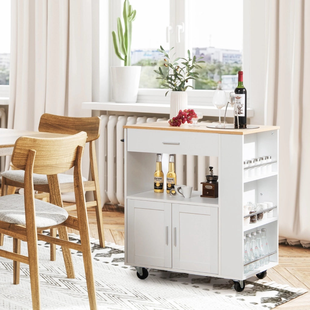 Isola da cucina su ruote con portaspezie cassetto grande armadietto a 2 porte, Carrello da cucina rotante Bianco-Carrelli