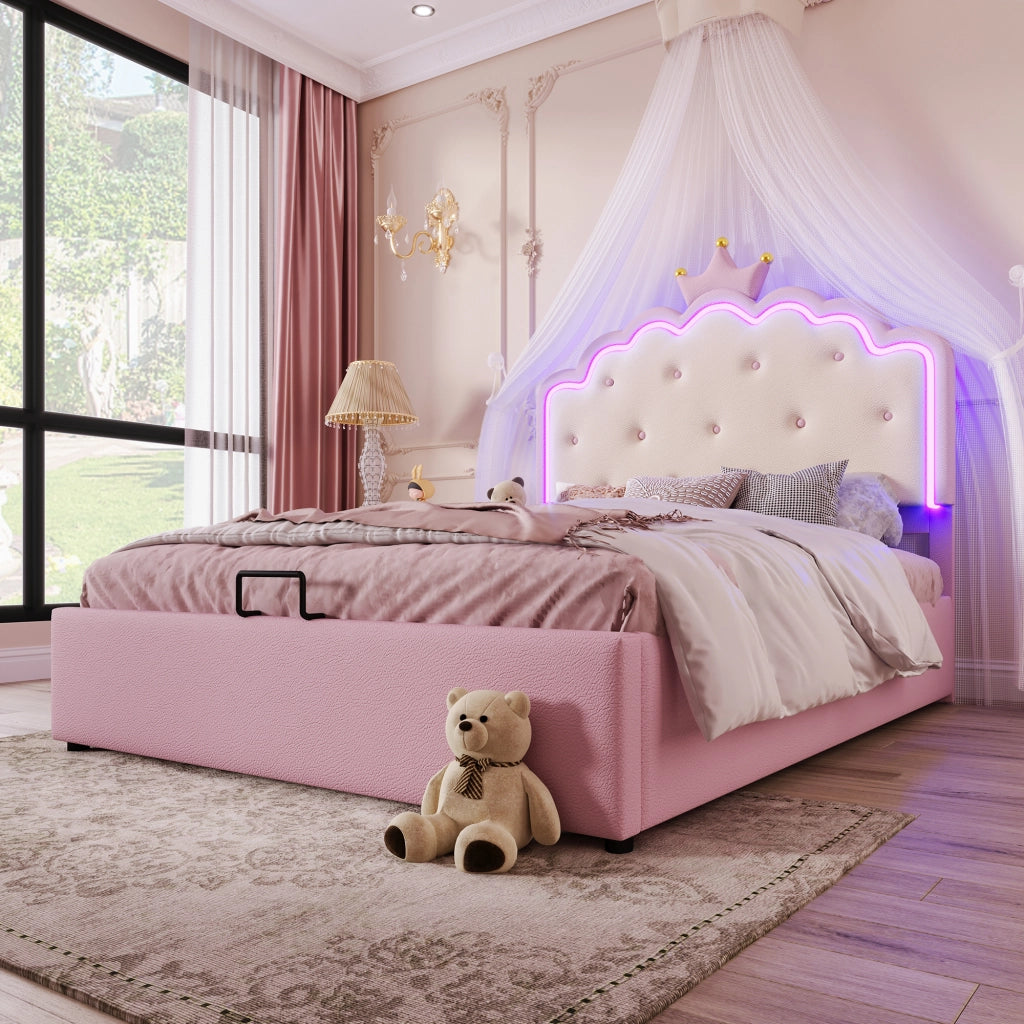 LETTO Imbottito 140x200 cm in PU Rosa con illuminazione LED e contenitore idraulico