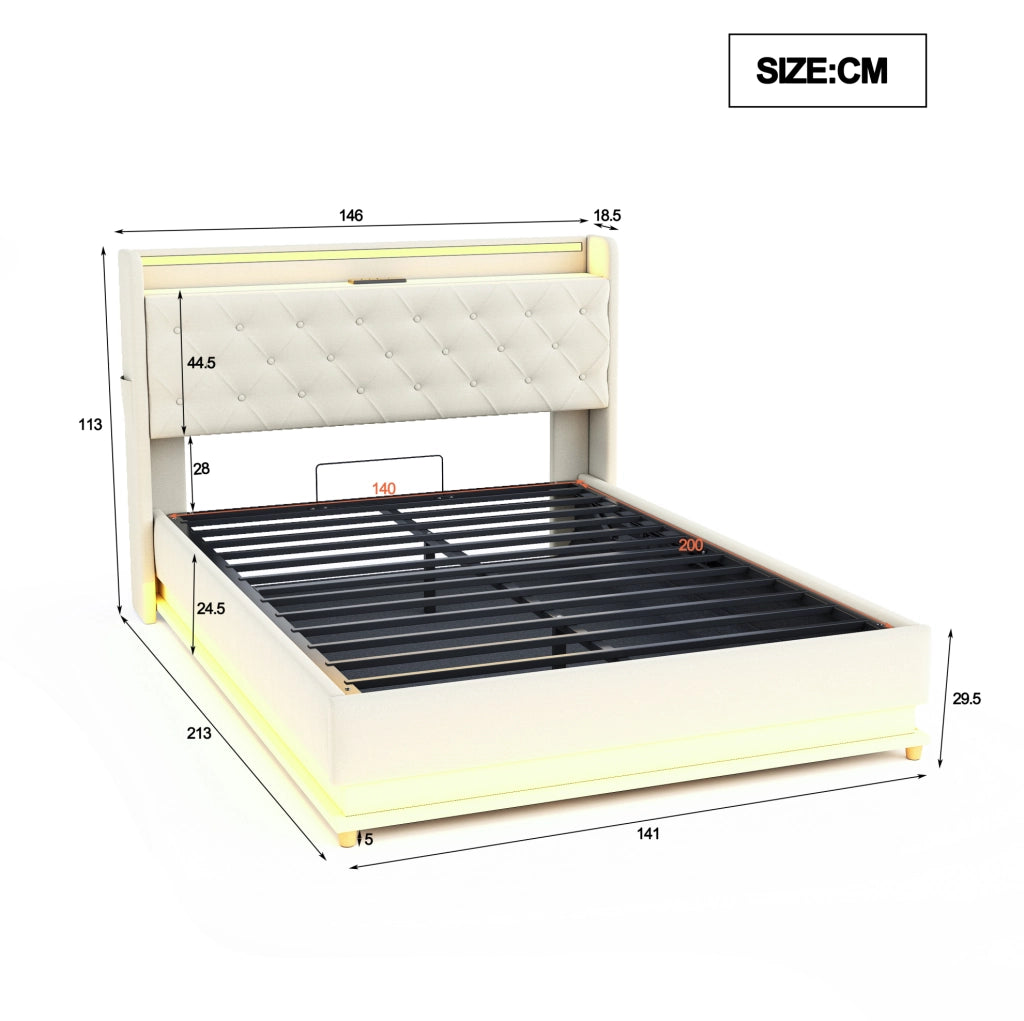 Letto matrimoniale 140x200 cm imbottito con contenitore idraulico; LED e USB; beige