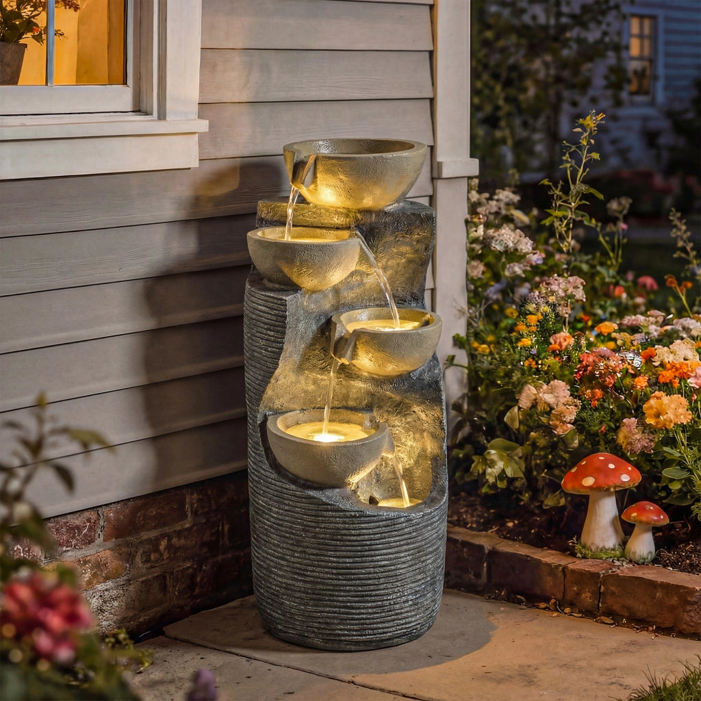Fontana da giardino a 5 livelli con illuminazione LED pompa effetto pietra ¨C Zephmum ¨C 33x31x80 cm
