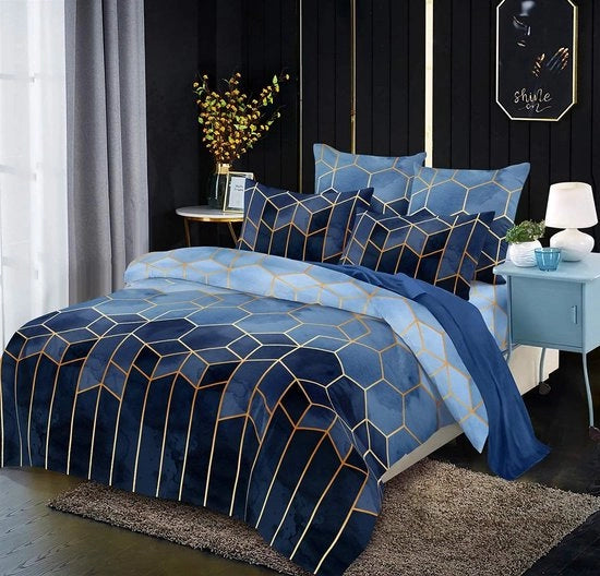 Set di coperte da letto moderno a strisce per adolescenti, 4 pezzi, disegno geometrico blu, tessuto microfibra morbido