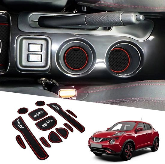 Accessori di protezione per Nissan Juke F15 2010-2019, set di mattonelle antislip per console centrale, supporto braccio in gomma, contenitore per bicchieri, mattonelle antislip per porta e guaina porta rossa.