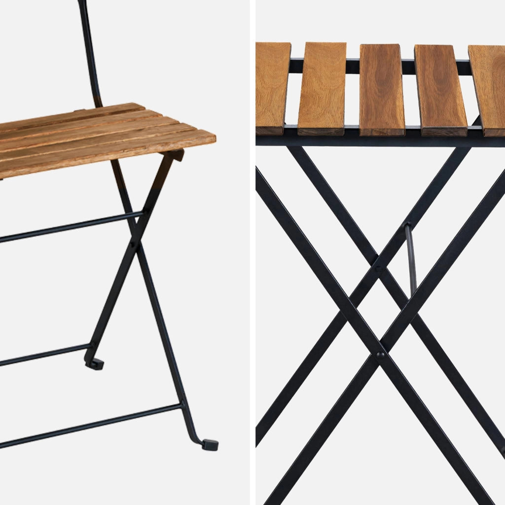 Set tavolo da giardino in legno e metallo con 2 sedie pieghevoli, nero