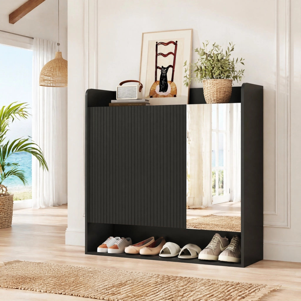 Scarpiera nera con specchio a figura intera e ripiani regolabili 110x35;5x110 cm