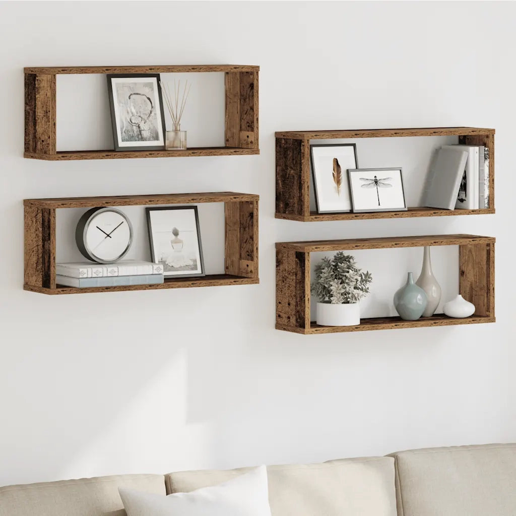 Mensole a Cubo Muro 4 pz Legno Antico 60x15x23 cm in Truciolato 856587