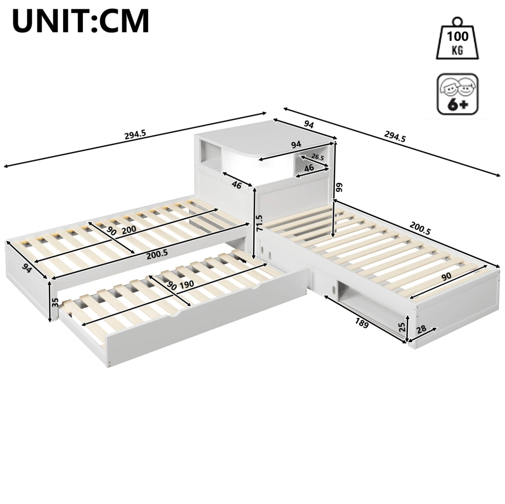 Letto singolo 90x200 cm con letto estraibile; spazio contenitore e luce notturna; bianco