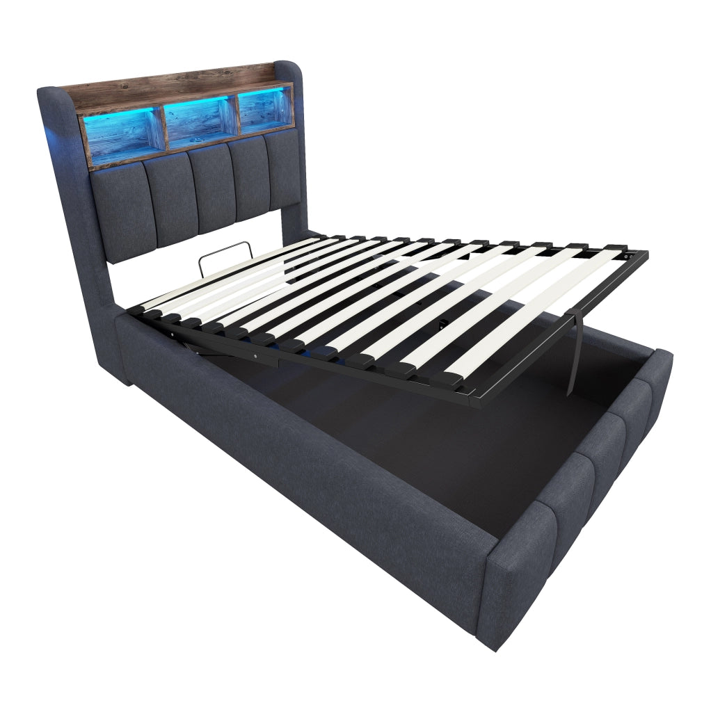 Letto imbottito 90x200 cm con contenitore; LED e porte USB e Type-C in lino grigio