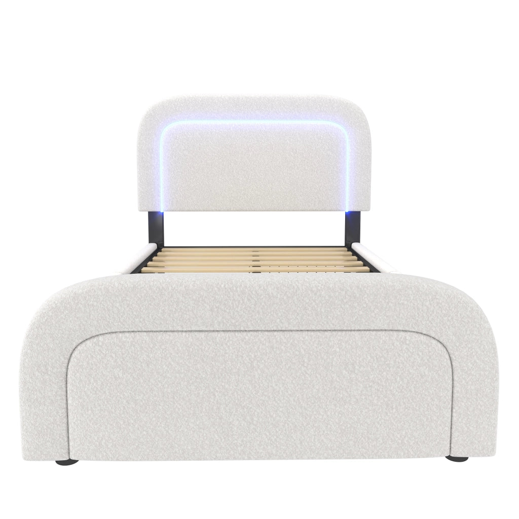 Letto singolo imbottito 90x200 cm con materasso, 2 cassetti, luci LED e ricarica USB Type-C