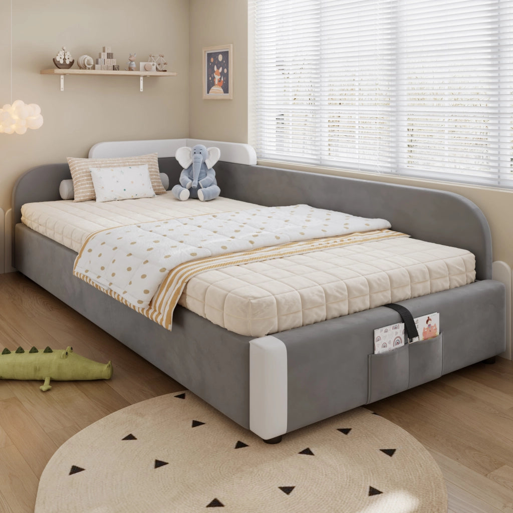 Letto Singolo 90x200 cm; Letto con Contenitore; Tasca portaoggetti; Sponda imbottita e Maniglie a cinghia