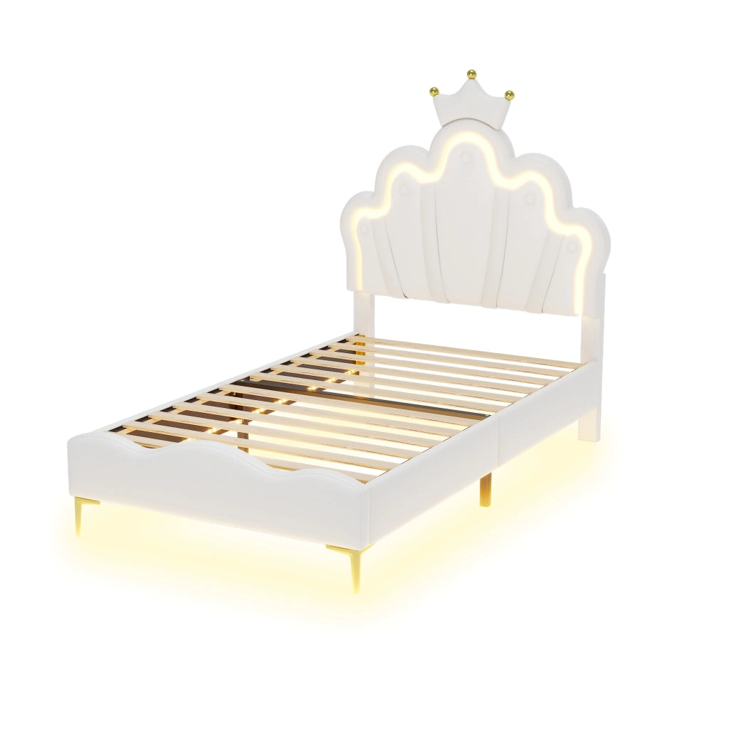 OKWISH Letto Bambini 90×200 cm, Letto Singolo con LED Regolabile, Testiera a Corona e Luce Sotto Letto, senza Materasso, PU Bianco