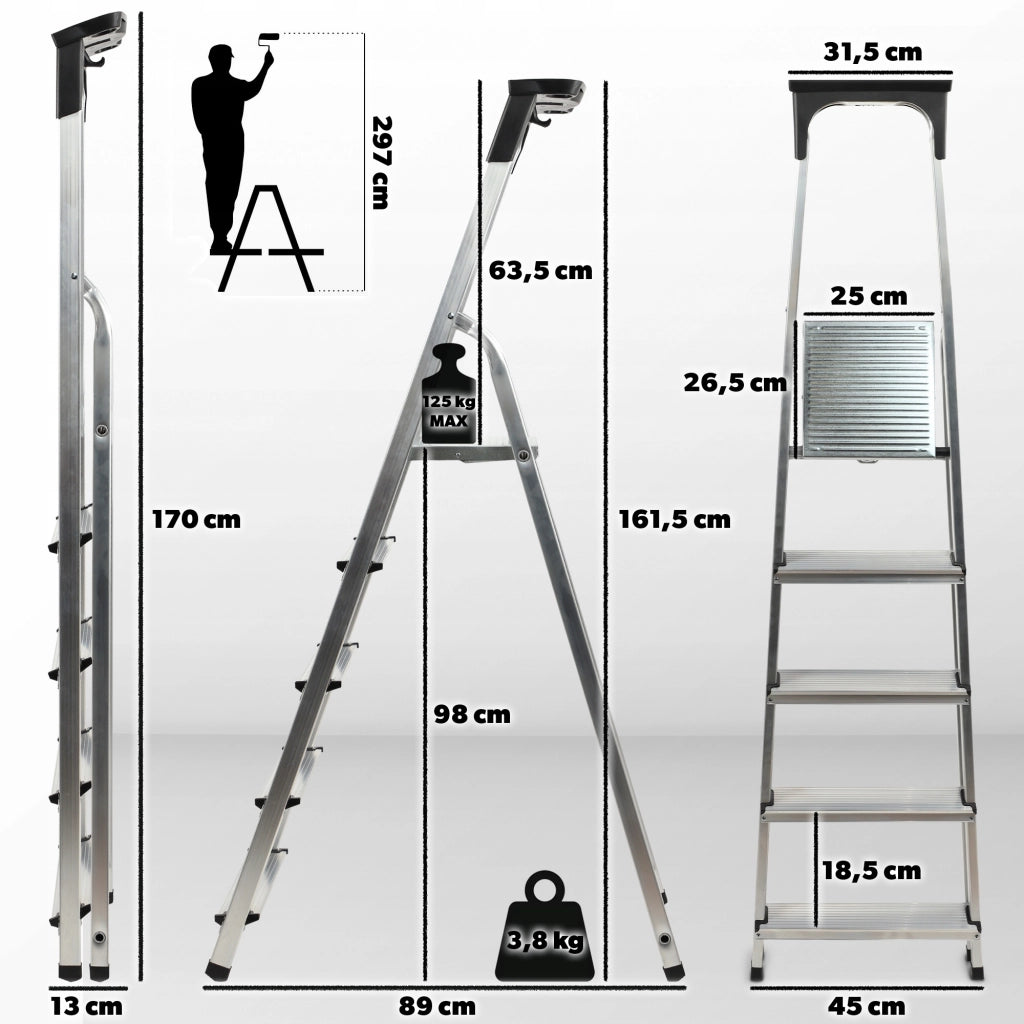 Scala domestica pieghevole in alluminio KADAX a 5 gradini con ripiano, portata massima 125 kg.