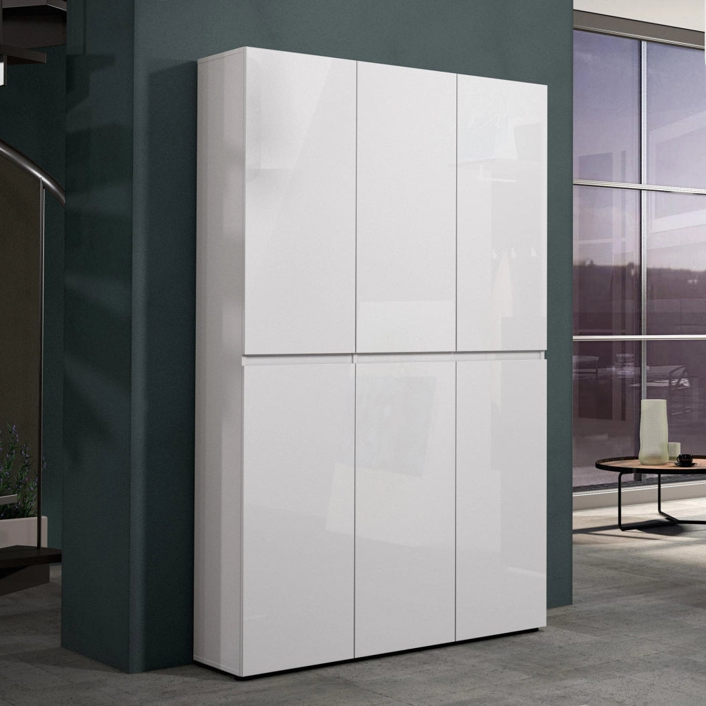 Scarpiera Diva, Mobile portascarpe, Armadio da ingresso multiuso, Mobiletto per calzature, Made in Italy, 122x34h200 cm, Bianco lucido