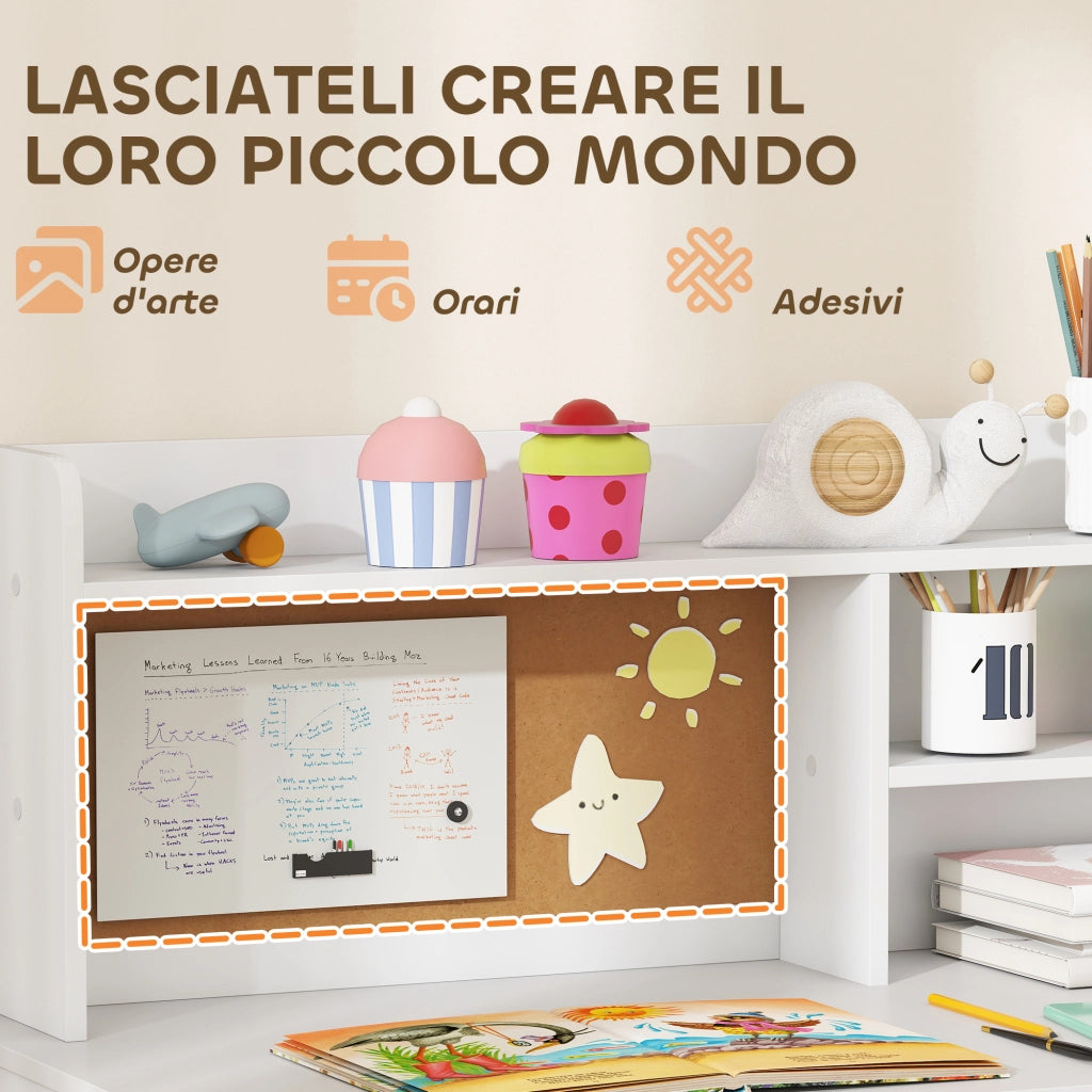 Scrivania per Bambini con Scaffali, Armadietto, Cassetto e Sedia per Bambini Abbinata in MDF Bianco