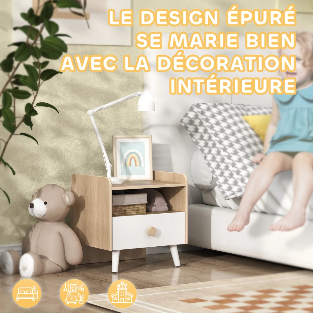 Tavolino comodino per bambini con cassetto e ripiano ¨C zephmum ¨C legno bianco 40x30x40