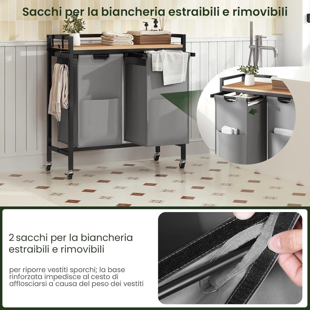 Cesto Portabiancheria, 2 Sacchi in Tessuto Oxford Rimovibili, Porta Biancheria, Struttura in Metallo, per Bagno e Lavanderia, 70x30x71cm, Capacità 40L per Cesto