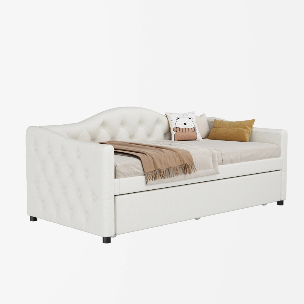 Letto estraibile singolo 90 × 200 cm con letto supplementare, senza materasso, in lino e MDF beige